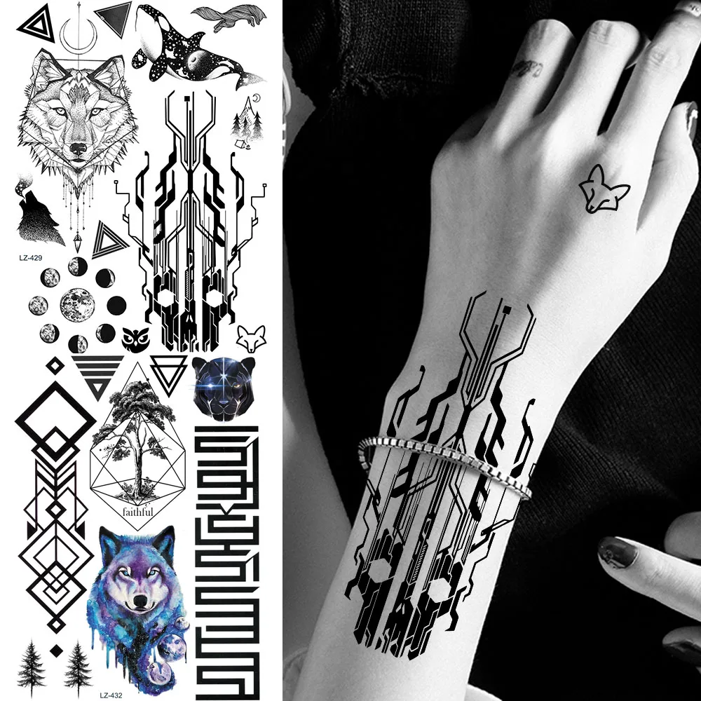 Fake Black Evil Death Skull Totem Note Temporary Tattoos Stickers OF Wolf Women Men Fake Tatoo Waterproof Arm Neck Tattoo Custom