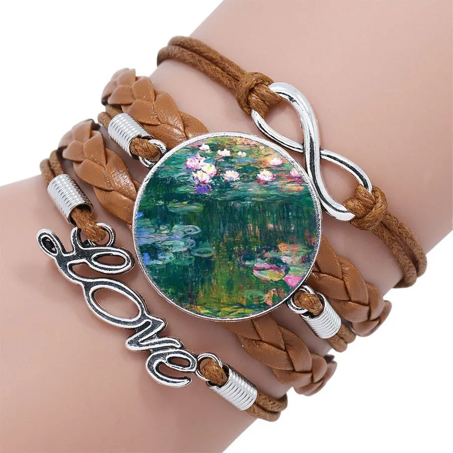 For Girls Gifts Claude Monet Water Lilies Jewelry Glass Cabochon Multilayer Black/Brown Leather Bracelet Bangle | Украшения и