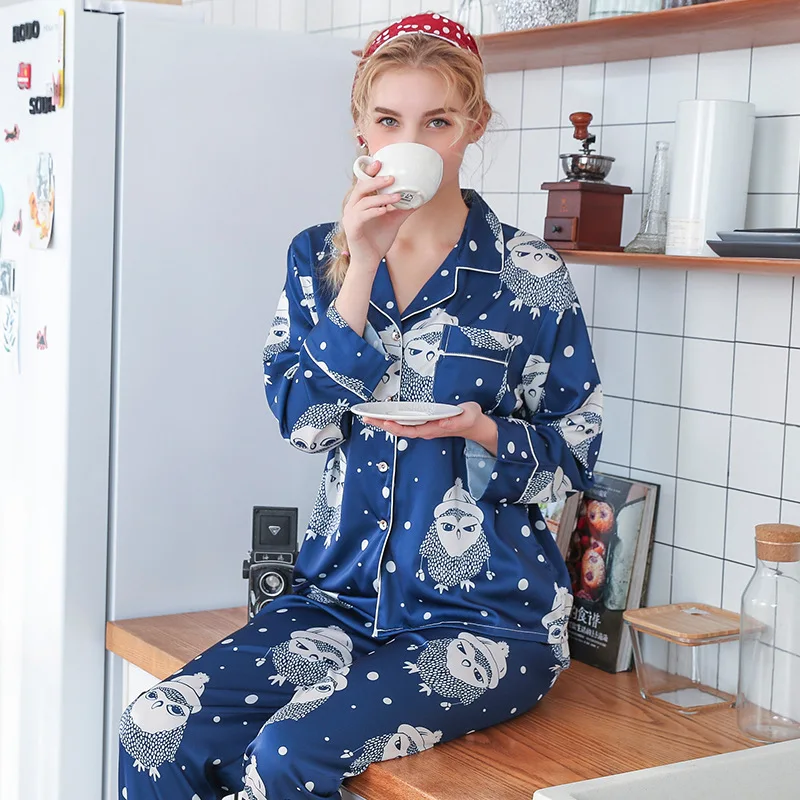 Шелковистые женские пижамы для сна женская рубашка брюки костюм комплекты