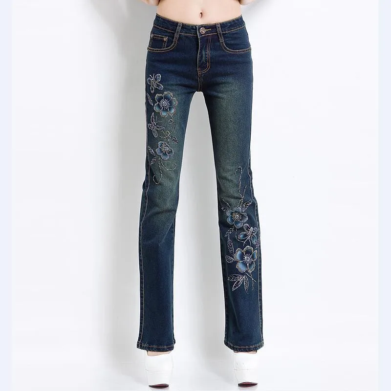 Джинсы женские расклешенные с вышивкой Роскошные брюки из денима вырезами