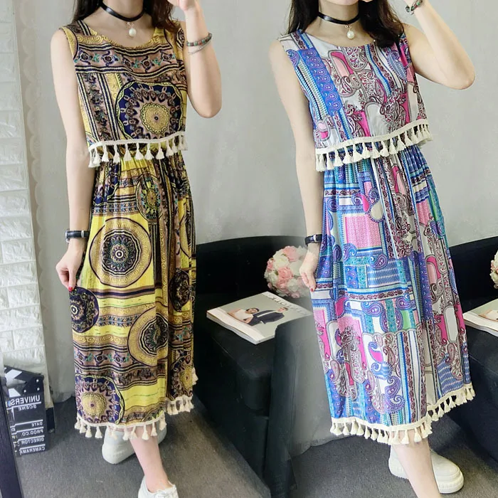 2017 летний новый стиль женщины платья кисточки круглым воротом без рукавов boho dress