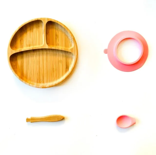 Pink Plate and Spoon Бутылочка для кормления ребенка ложка и вилка набор, расположенных бамбуковая доска с Защита от проливов, оставайтесь на месте всасывания кольцо - Цвет: Pink Plate and Spoon