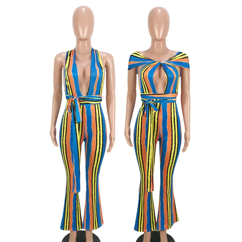 

Sexy V Neck Backless Striped Jumpsuit Women Straps Sleeveless Crisscross Nightclub Bodycon Romper Party Overalls Flare Pants