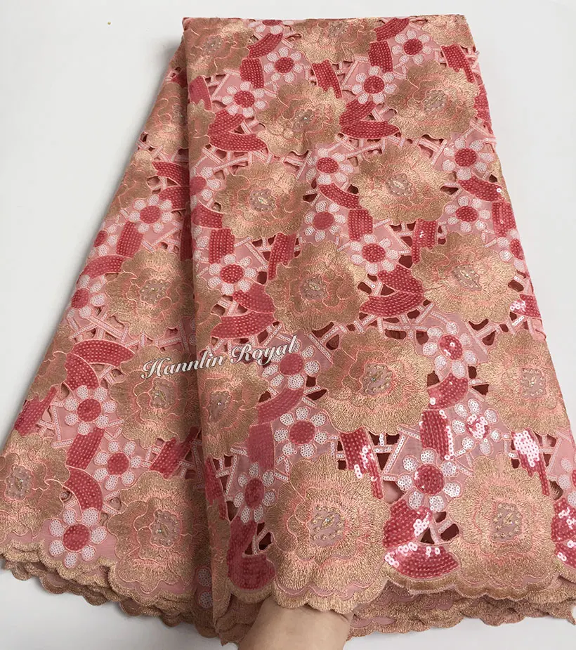 5 ярдов Персиковое золото блестящая африканская органза кружевная ткань с