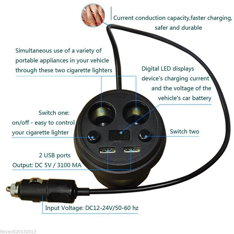 Автомобильное зарядное устройство с многофункциональным дисплеем разветвитель