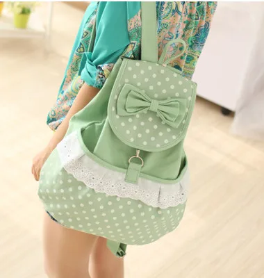 Милый рюкзак в японском стиле горошек с кружевом и бантом Повседневная холщовая