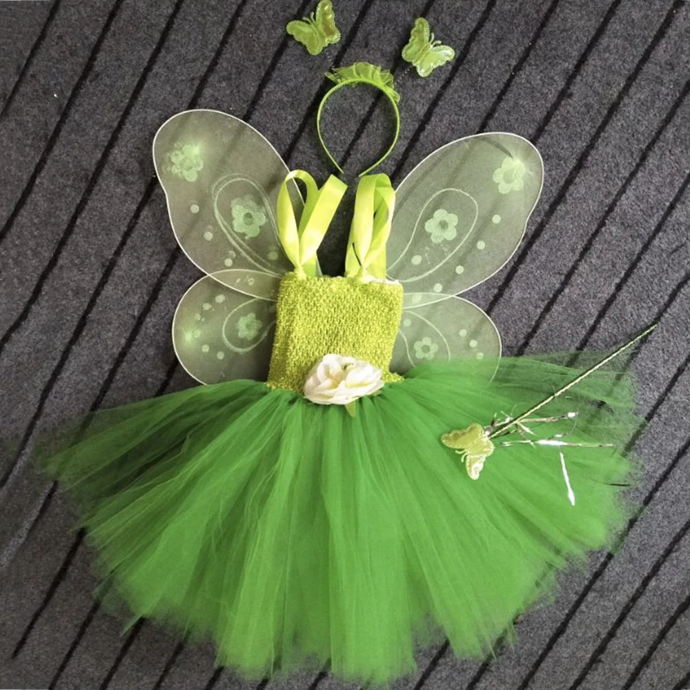 Green Santa Flower Fairy Princess Party Dresses for Little Girls Role Play Tutu Dress with Magic Wand Wing Headwear 1-12Y | Детская