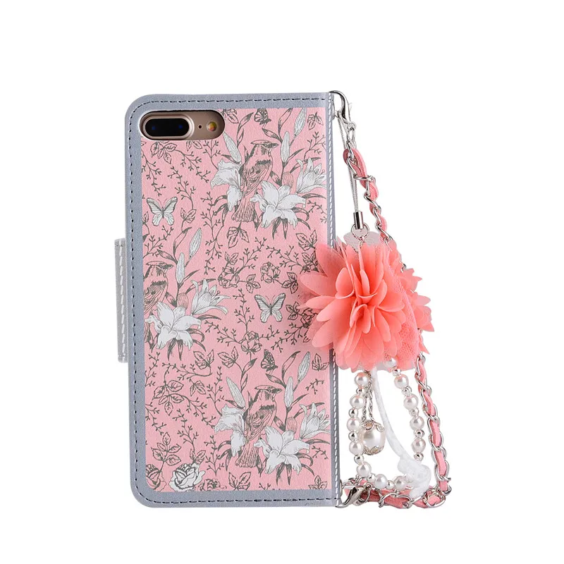Роскошный кожаный чехол-кошелек с розовым цветком для iPhone 6 6s 7 8 Plus X XR XS Max Flower Chain Bag Coque