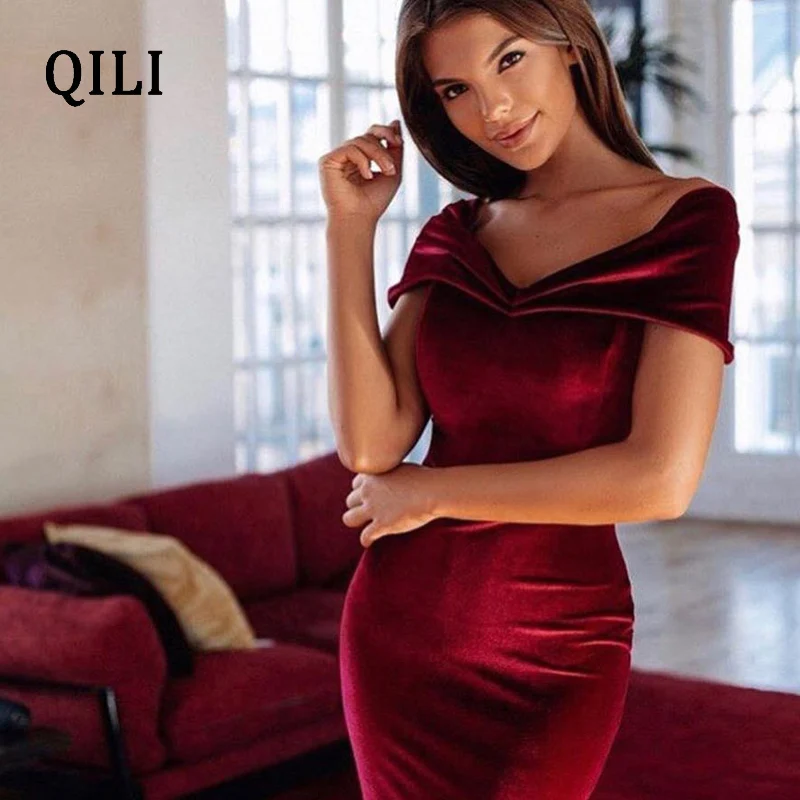 QILI женское платье с открытыми плечами и коротким рукавом, сексуальное, v-образный вырез, тонкая талия, карандаш, элегантные платья для женщин, вечерние Клубное облегающее платье