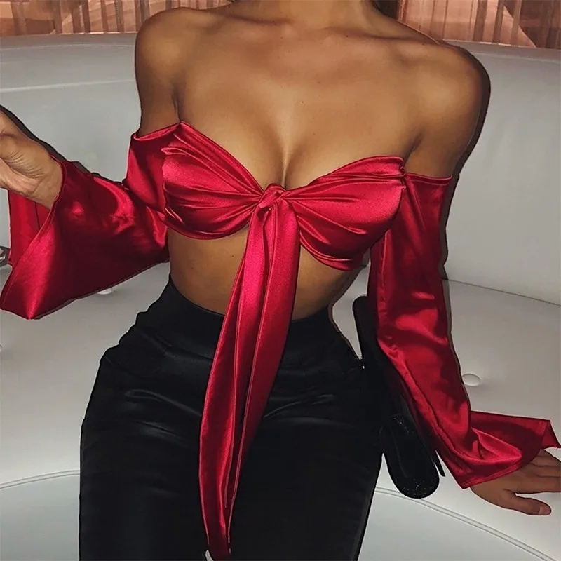 Женский атласный укороченный топ DRESSMECB с бантом и поясом открытой спиной