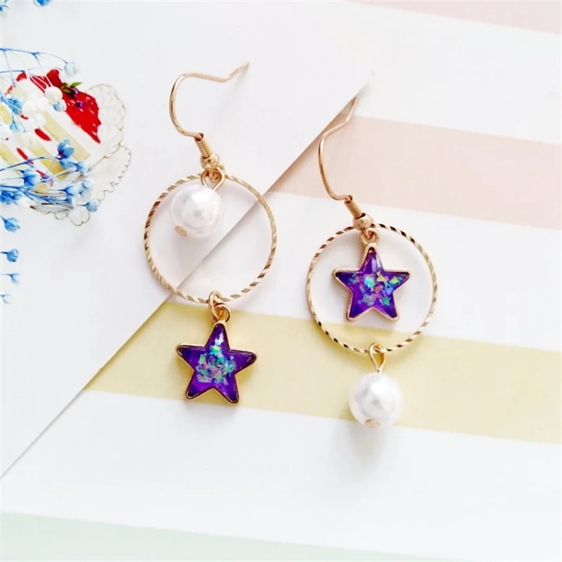3* Japan and South Korea simple geometric metal ring simulation pearl pendant earrings star asymmetric ladies ear clip | Украшения и