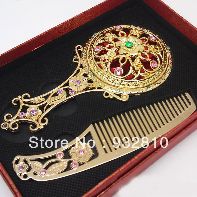 Античное медное зеркало и расческа Подарочная коробка Упаковка стразы цветок