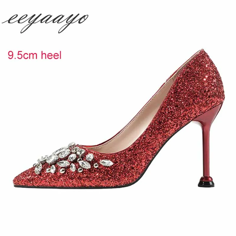 Red 9.5cm heel Г., новые весенние женские туфли-лодочки пикантные женские свадебные туфли на высоком тонком каблуке с острым носком, украшенные стразами золотистые туфли на высоком каблуке - Цвет: Red 9.5cm heel