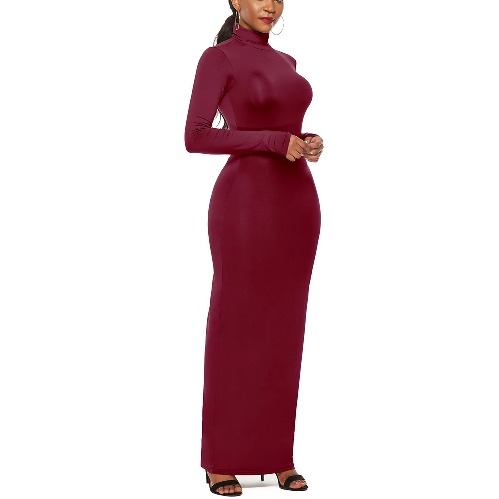 Women Long Sleeve High Collar Dress Solid Color Stretch Slim Summer QL Sale | Женская одежда