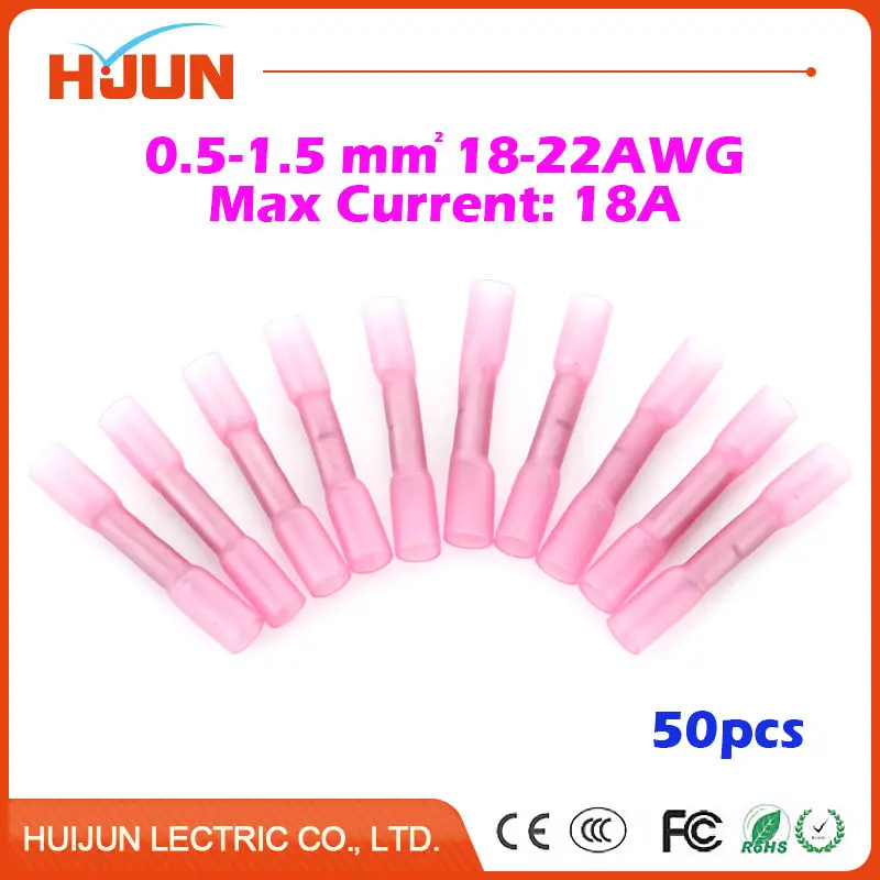 

50pcs/lot Heat Shrink Butt Crimp Terminals Insulated Electrical Wire Cable Waterproof Connectors BHT1.25 Red 22-18AWG 18A