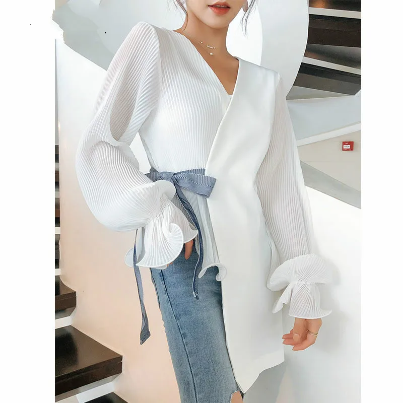 White Irregular Women Blouse Fashion Patchwork V Neck Harajuku Blusas Bow Belted Elegant Office Lady Long Sleeve Cardigan Tops |