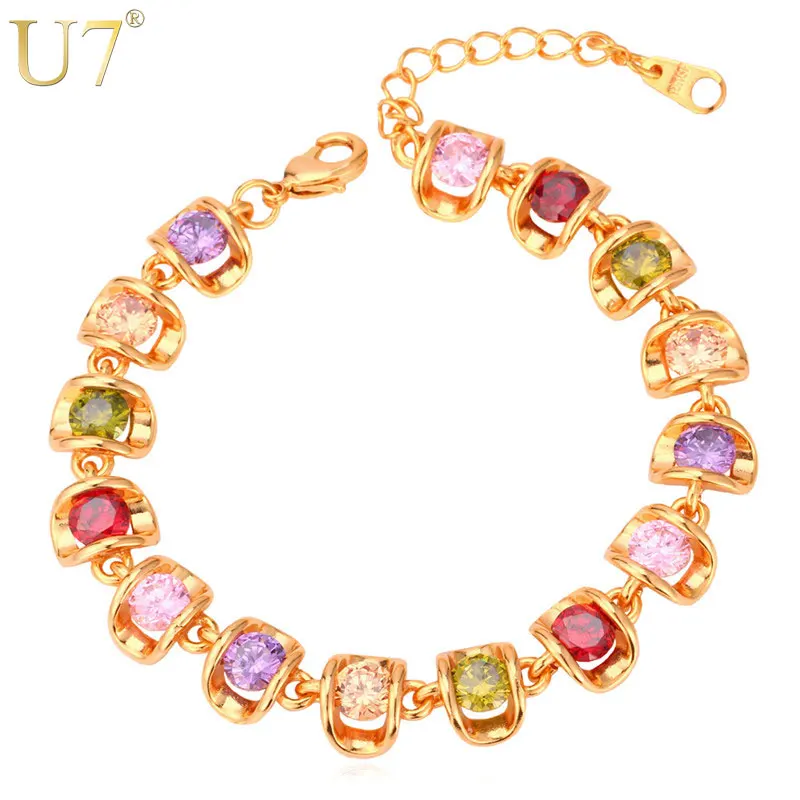 U7 Шарм Браслет Позолоченный с Кубическими Циркониями Ювелирные Изделия