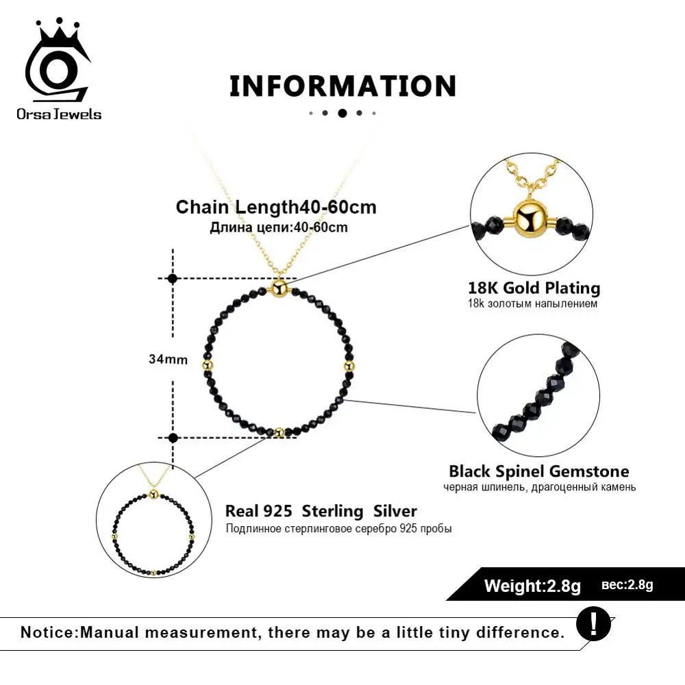 ORSA JEWELS Настоящее серебро 925 пробы женское ожерелье Черная шпинельная Подвеска 18 к золотая цепочка модные тонкие ювелирные изделия SN159-B