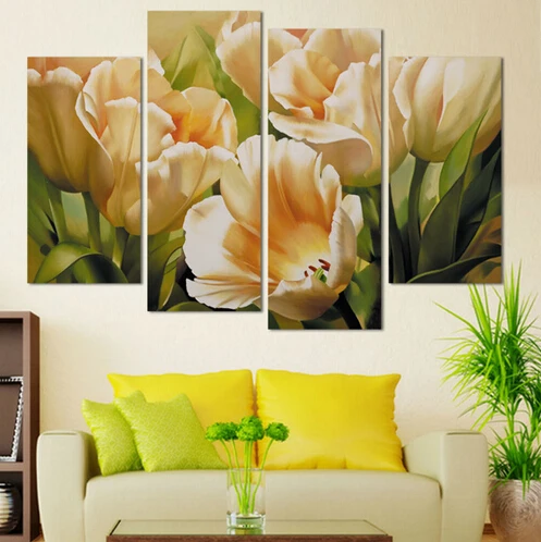 Модная Настенная картина на 4 панели маслом холсте картины с цветами тюльпанов