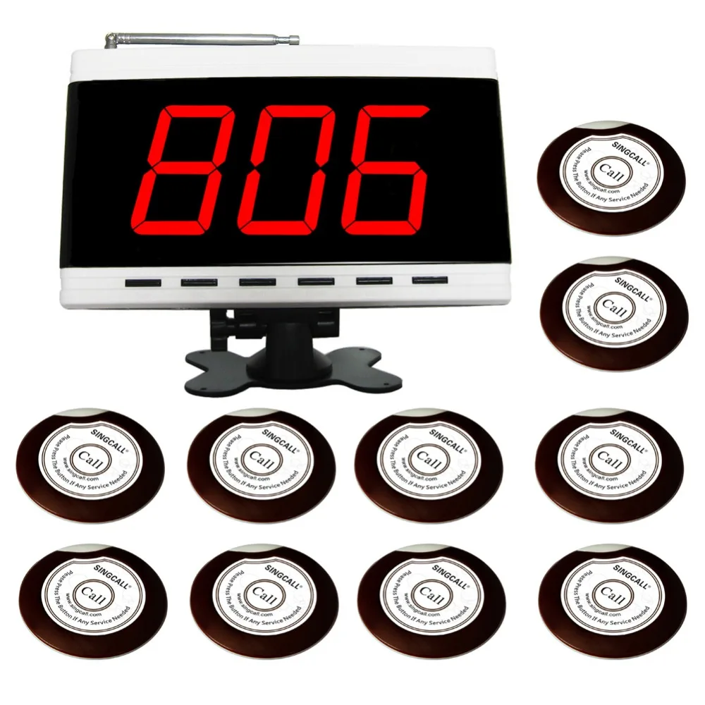 SINGCALL Wireless Paging System,Calling System, 10pcs Table Bells and 1pc White Display Receiver APE9500