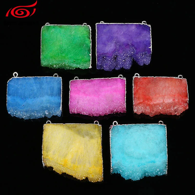 Мода Посеребренная ободок синий кристалл Druzy срез Подвеска Шарм двойной