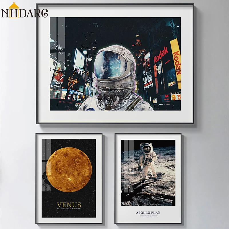 Космос астронавты планетарные ходьбы следы на Луне плакаты и принты холсте