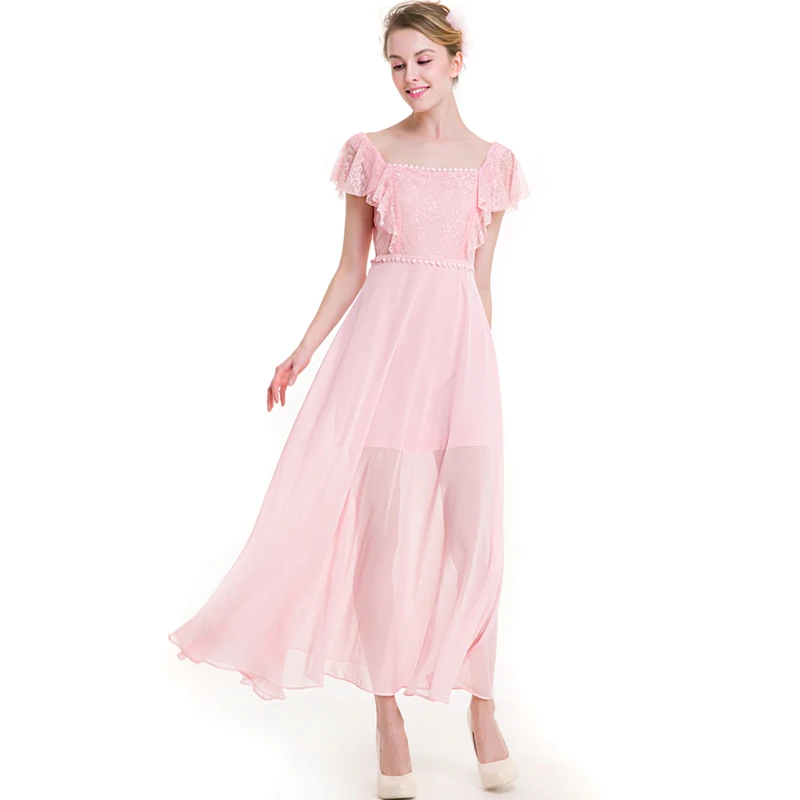 CINQ DIAMANTS Pink Green Maxi Long Dress Swing Sweet Chiffon Ruffles Sundress Square Collar Patchwork longue robe | Женская одежда