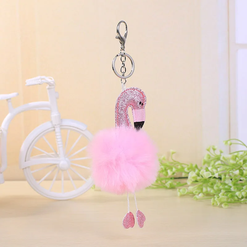 High Quality Anime Flamingo Toy Cute Leather KeyChain Plush Pendant Women Fluffy Fur Pom Keyring Bag Hang | Украшения и
