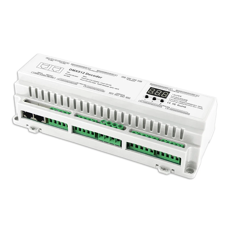 Bincolor New DMX512 Decoder DC12V -24V Input 3A 96A 2304W Output RGB RGBW Strip RJ45 Connect 32 Channel DMX Slave BC-632-DIN