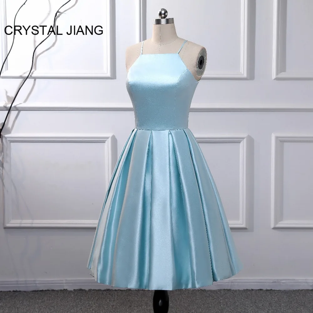 Платье для выпускного вечера Vestidos De Graduacion небесно-голубое атласное платье на тонких бретелях трапециевидной формы длиной до колена Короткие платья для выпускного