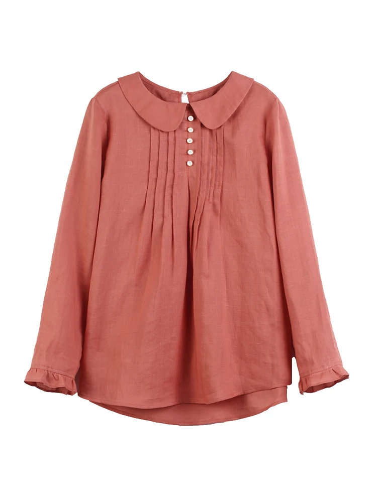 

Spring Fall Casual Ladies Womens Ruffles Long Sleeve Linen Pullover Blouse , Autumn Female Woman 3xl 4xl Pleated Loose Blouses