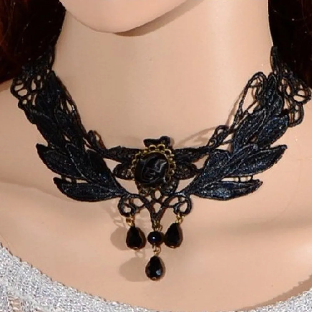 Готическое винтажное Черное Кружевное колье с цветком бусы подвеска кисточкой
