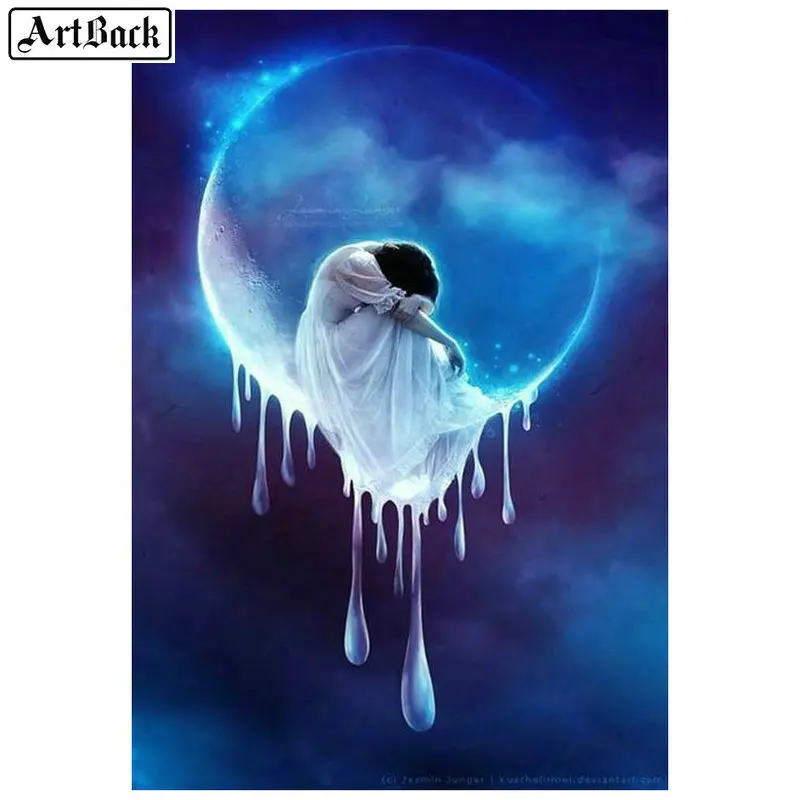 5d diy diamond painting girl moon landscape full square rhinestone mosaic art 100% resin round embroidery wall sticker | Дом и сад