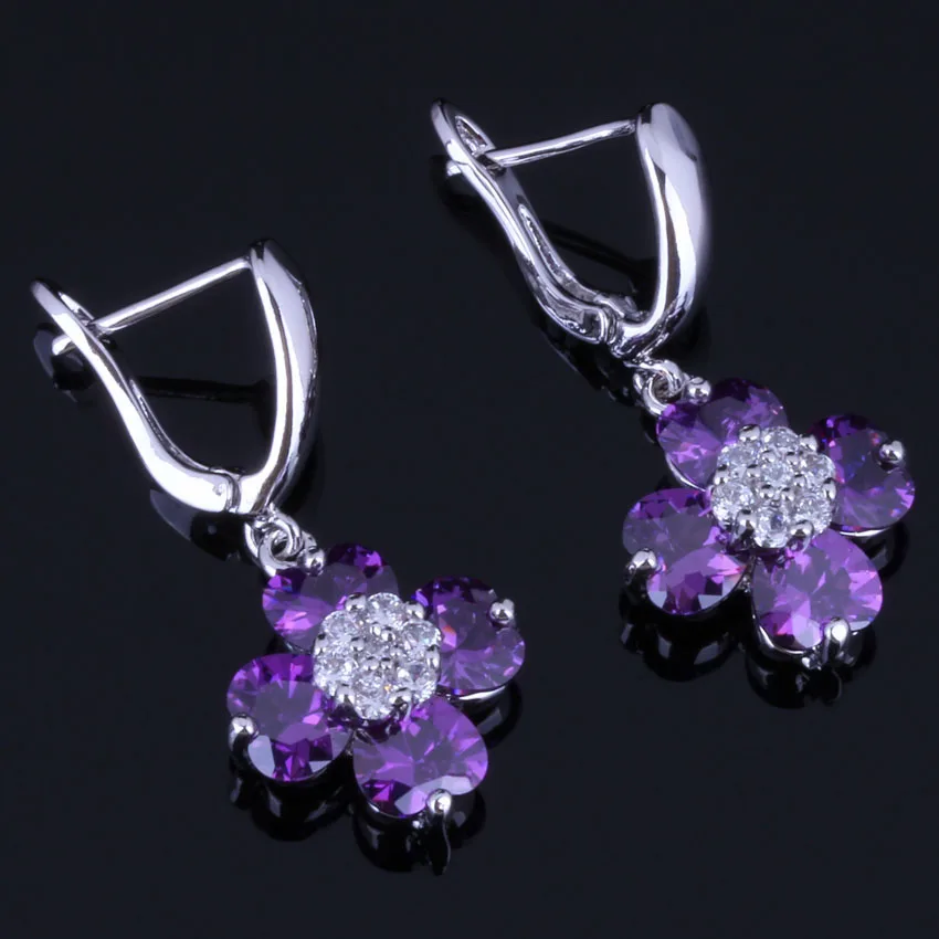 

Candy Heart Shaped Purple Cubic Zirconia White CZ Silver Plated Drop Dangle Earrings V0773
