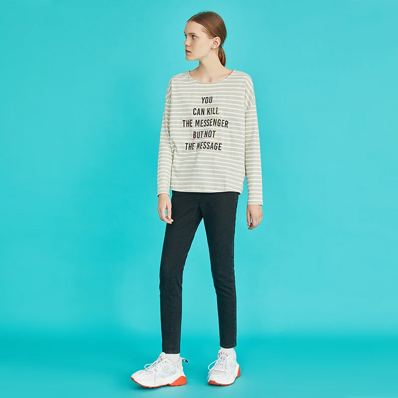 Toyouth Autumn Letter Cotton Long Sleeve T shirts Striped Loose Tees for Women Camiseta Feminina Casual O Neck Tops|Футболки| |
