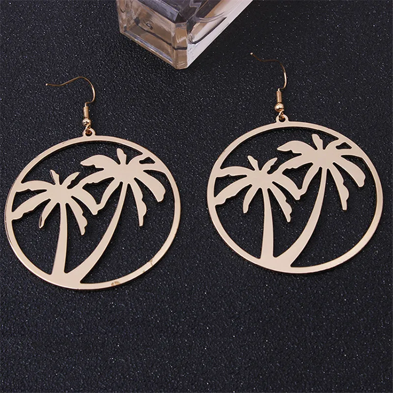 Sleepylady Trendy Coconut Tree Gold Color Statement Earrings For Women Big Round Metal Drop Earring Kupe Oorbellen Jewelry Gift | Украшения