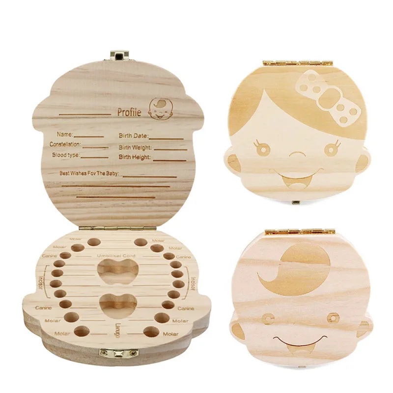 Caja de dientes de madera, organizador para guardar dientes de leche, holand&eacute;s/portugu&eacute;s/espa&ntilde;ol/ingl&eacute;s/franc&eacute;s/ruso/italiano-1