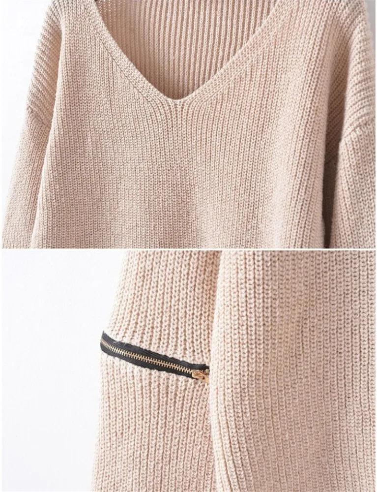 Sweater Zipper Sleeves Knitted Pullover Spring Winter Halter V-neck Jumper Casual Pull Femme Loose Sweaters | Женская одежда