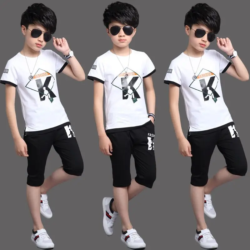 2019 New Summer Cotton Short Sleeve The Letter Printing T Shirt +pant Boys Two-piece of Large Children's Sport Suit 4-12Ages |