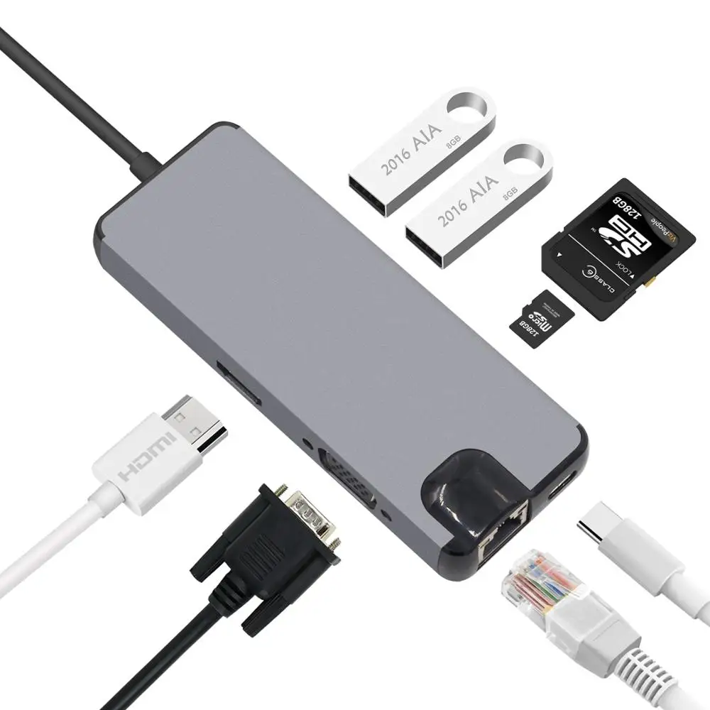 

8 in 1 USB C to HDMI Hub 4K Video RJ45 Gigabit Ethernet VGA Adapter USB-C hub SD TF Card Reader for Macbook Pro Huawei MateBook