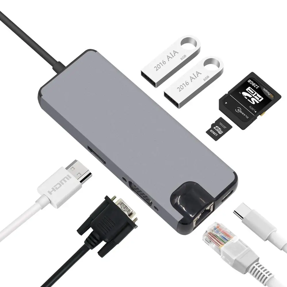 8 в 1 кабель Переходник USB C на HDMI концентратор 4 K видео RJ45 Gigabit Ethernet адаптер VGA SD TF Card