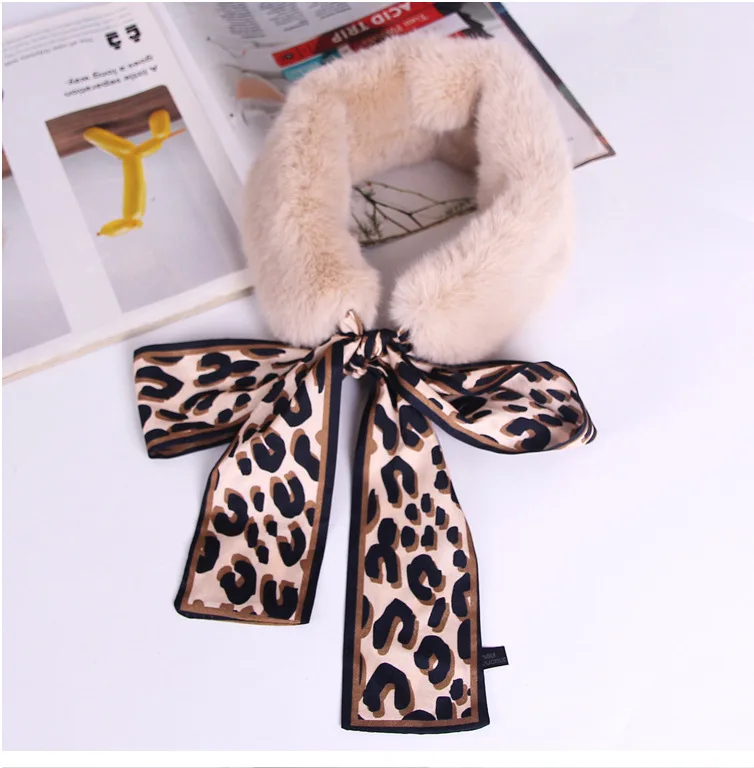 

155cm Women's Winter Thick Warm Rabbit Fur Scarf Scarves Soft Fur Neck Collar Knitted Shawl Wraps With Leopard Ribbon