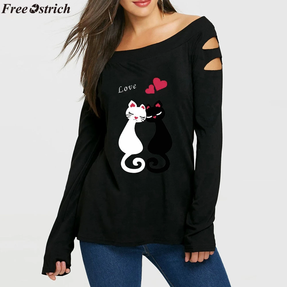 Свободная Женская футболка с длинным рукавом круглым вырезом и принтом в виде