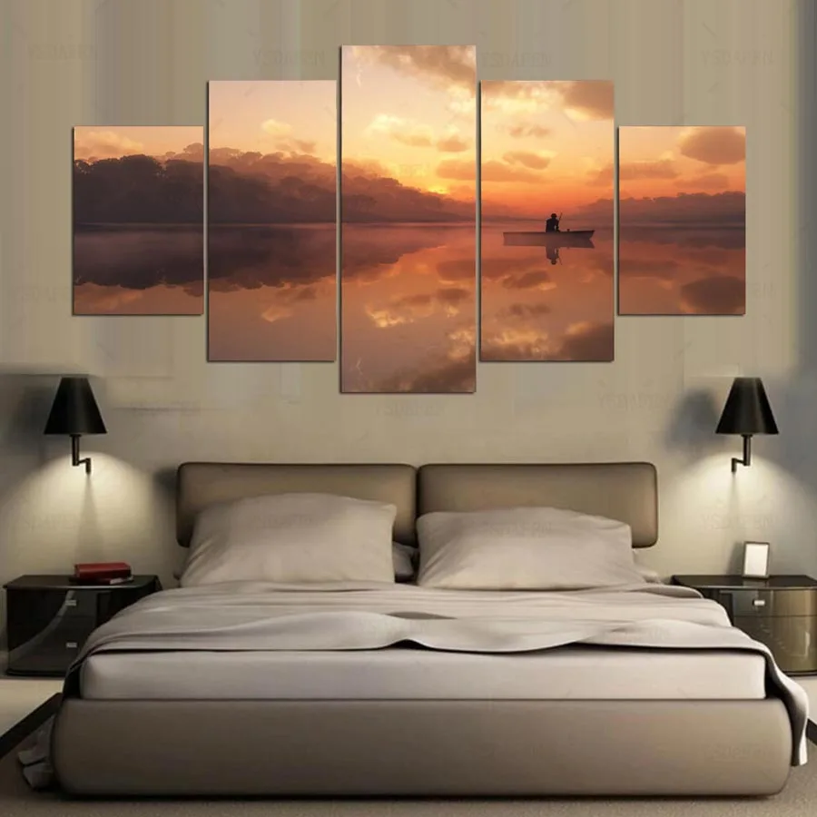 Лодка Закат Рыбалка HD картина холст печать настенные художественные модульные