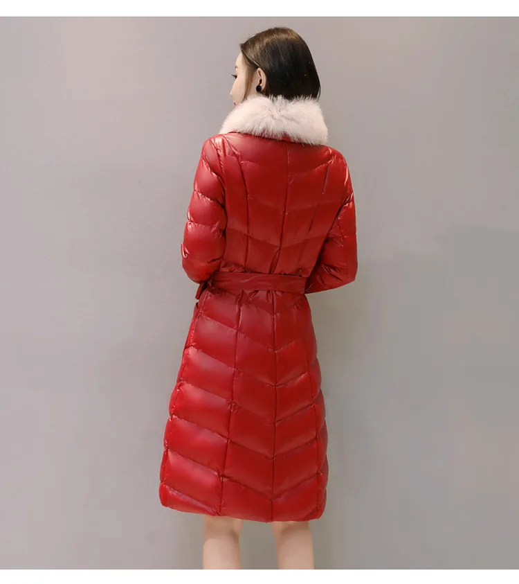Зимние женские пуховики, хлопковые куртки с меховым воротником, длинная куртка из искусственной кожи, женские куртки больших размеров, модные тонкие кожаные пальто