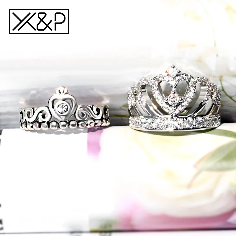 Женское Винтажное кольцо с кристаллами X & P серебряное короной и фианитом для