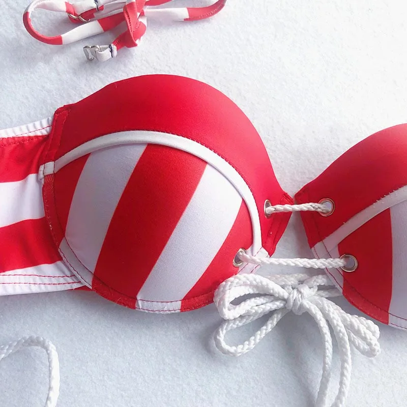 Женский раздельный купальник с чашками пуш ап Раздельный в полоску высокими