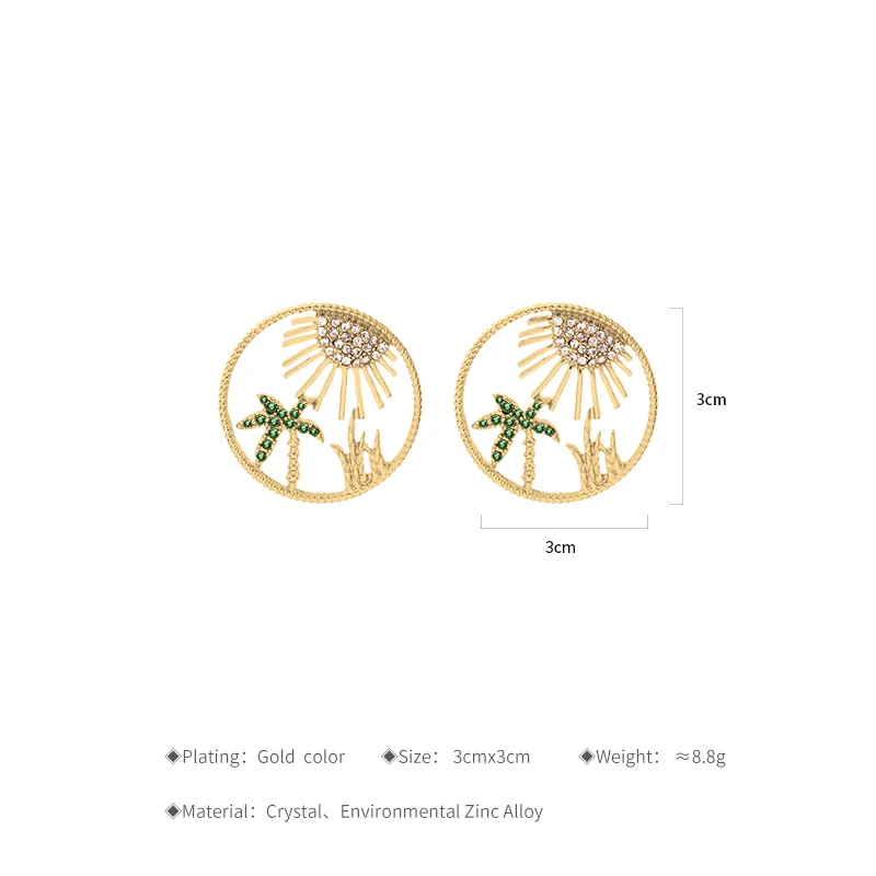 Женские круглые трендовые серьги гвоздики KISS ME Green Tree массивные золотого цвета из