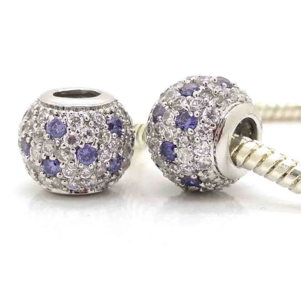 Новинка Pave фиолетовый CZ Циркон шар Шарм бисер серебряного цвета Подходит Pandora