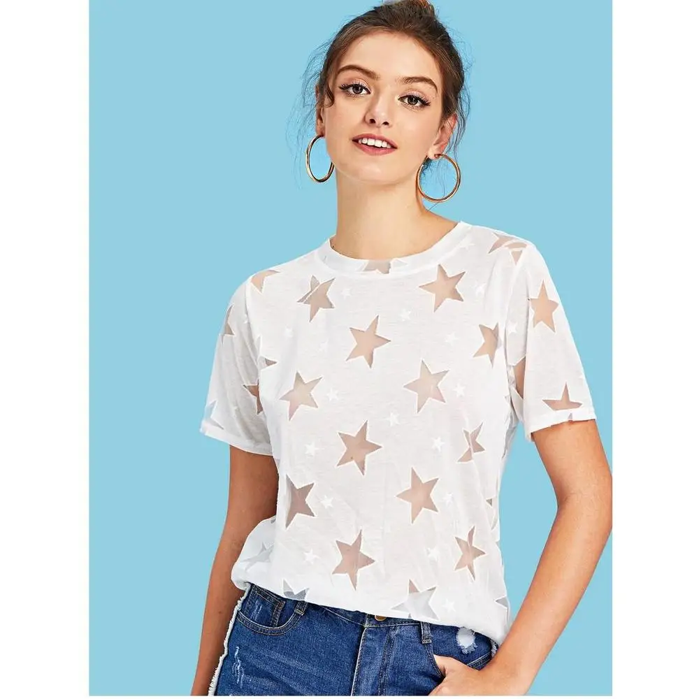 SanHuaZ 2019 Summer Women's T-shirts Tops Casual Beach O-neck Short Sleeve Star Gauze Slim Women | Женская одежда